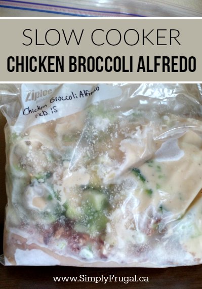 For this Chicken Broccoli Alfredo meal, you take some chicken, broccoli, Alfredo sauce, and bacon bits, toss it all into a freezer bag. That's it. Then to cook it, throw it in the slow cooker for a super simple, family pleasing dinner!