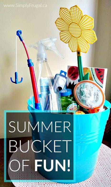 Say goodbye to the "I'm bored" or "There's nothing to do!" sayings once and for all this summer. Spend half an hour or so gathering supplies for your summer bucket of FUN, and you'll be ready to go with at least 23 activities at a moment's notice.