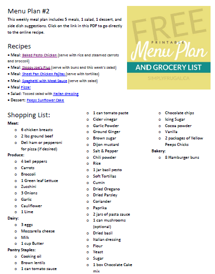 free printable menu plan and grocery list 2