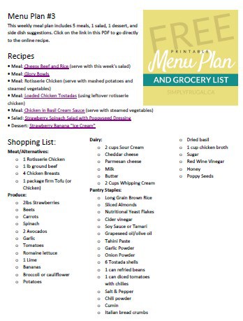 Free Printable Menu Plan and Grocery List #3