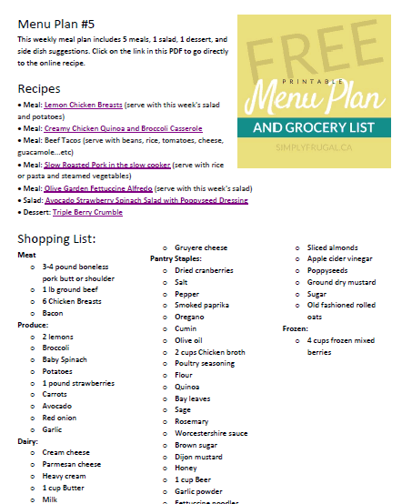 Free Printable Menu Plan and Grocery List #5