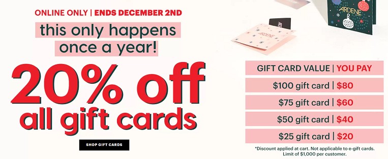 Ardene: Save 20% off Gift Cards